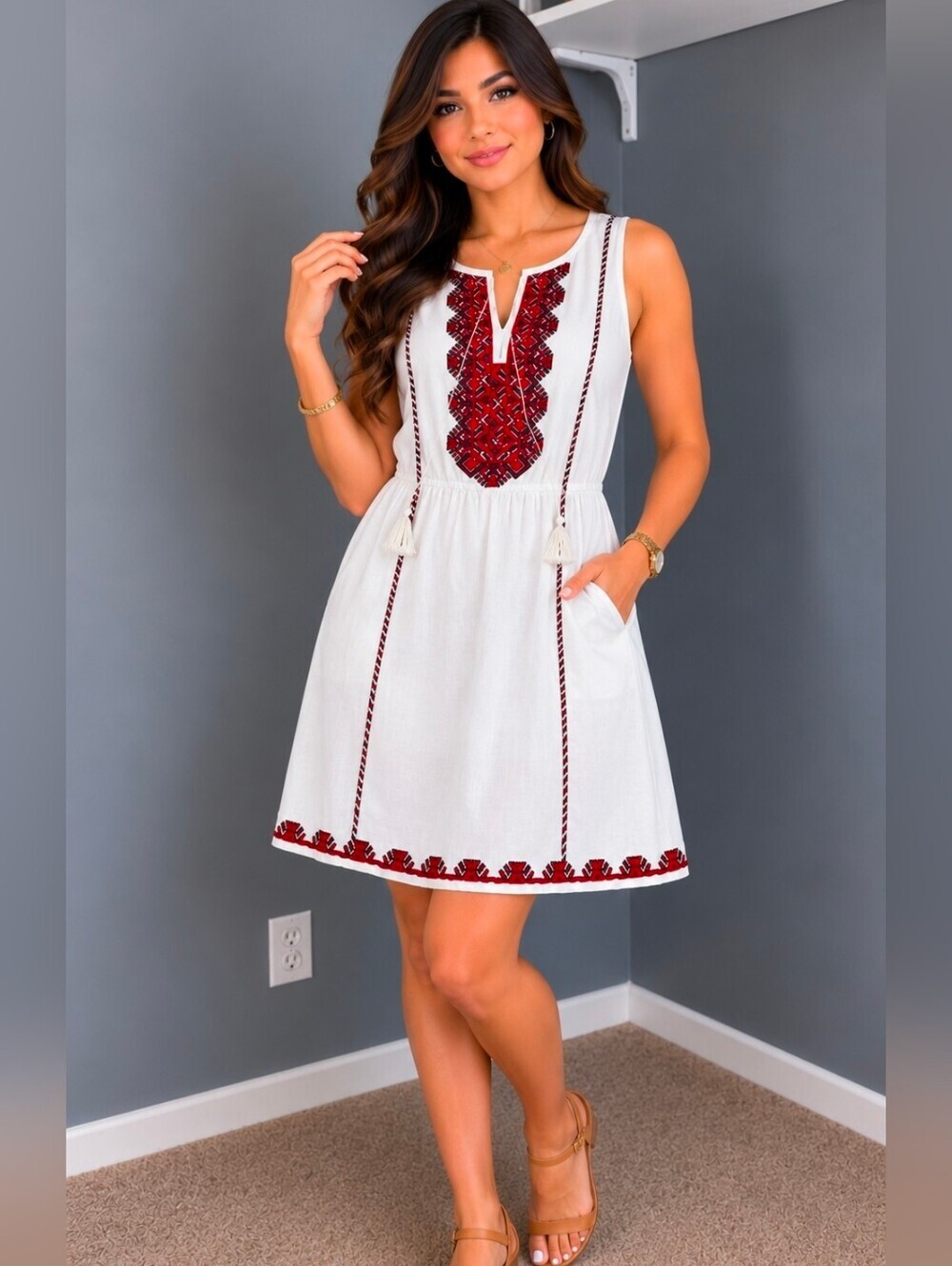 Madewell White Sleeveless Midi Dress with Red & Black Embroidery